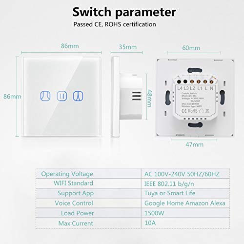 LCAZ Interruptor de cortina inteligente WiFi panel de interruptor de pared inteligente tctil interruptor de temporizador inalmbrico compatible con Alexa y Google Assistant