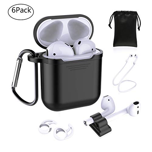 Airpods Accessories – Derhom Airpods Silicone Case Cover | Airpods Watch Band Holder | Headphone Accessories Bag[Include Anti-lost Strap/Keychain/ Ear Hooks] for Apple Airpod (Black)