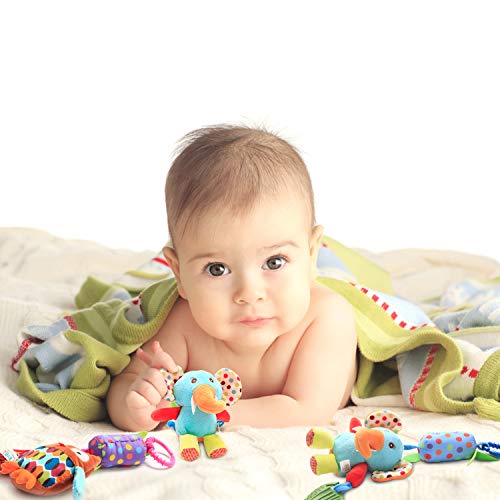 Yawenner Baby Hanging Rattle Toys, 6 Pack Soft Hanging Crinkle Squeaky Sensory Educational Toy for 0 3 6 to 12 Months, Infant Animal Wind Chime with Teethers for Toddlers/Baby Girls/Baby Boys