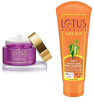 Lotus Herbals Youth Rx Anti-Aging Skin Care Range   Lotus Herbals Youth Rx Anti-Aging Nourishing Nig And Lotus Herbals Safe Sun 3-In-1 Matte Look Daily Sunblock Spf-40, 50G