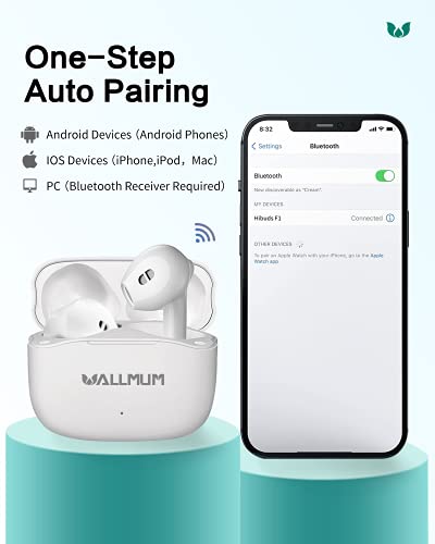 WALLMUM True Wireless Earbuds Bluetooth 5.0 with Mic for iPhone Android Bluetooth Heaphones in Ear Hi-Fi Stereo Earphones Touch Control Waterproof Headset for Sport Work Fitness White