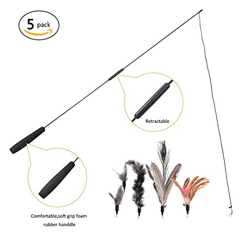 Feather Teaser Cat Toy, 1PCS Retractable Cat Wand Toys and 5PCS Replacement Teaser with Bell Refills, Interactive Catcher Teaser and Funny Exercise for Kitten or Cats.