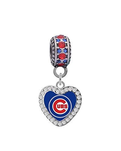 Chicago Cubs Heart Crystal Charm Fits Most Bracelet Lines Including Pandora, Chamilia, Troll, Biagi, Zable, Kera, Personality, Reflections, Silverado and More ...