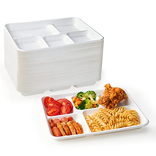 Photo 1 of ECOLipak 100% Compostable 5 Compartment Plates, 125 Pack Disposable Paper Plates, Heavy-Duty Biodegradable Sugarcane Plates, Eco-Friendly School Lunch Trays