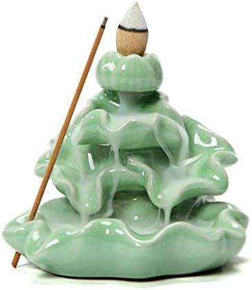 YURASIKU Backflow Incense Burner Ice Crack Lotus Leaf Ceramic Stick Incense Holder Buddhist Aromatherapy Censer with 10Pcs Incense Cones Home Decor