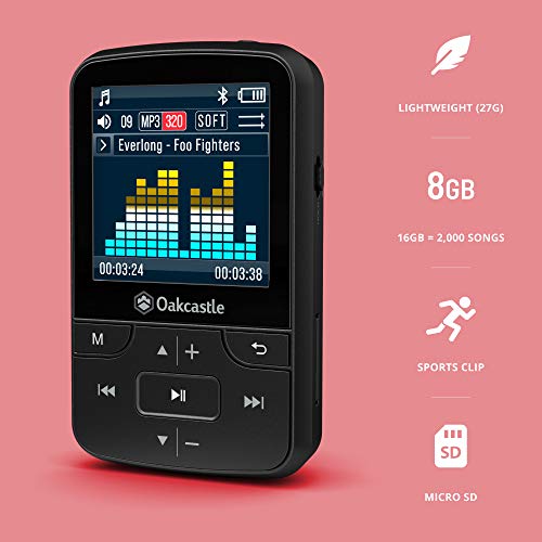 OAKCASTLE MP100 8GB Bluetooth MP3 Player | Portable Music Player & Headphone Connectivity | FM Radio & Micro SD Slot - Image 3