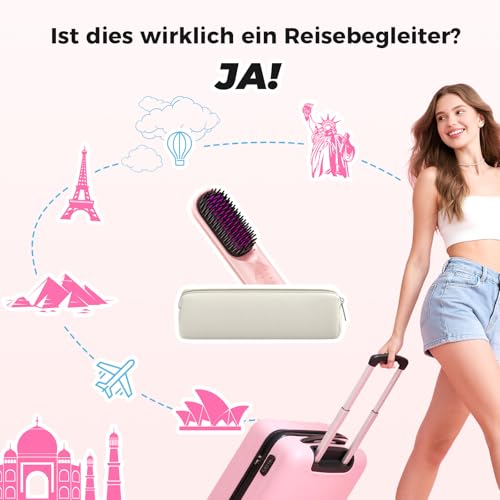 Bopcal Glättbürste Kabellos 10000mAh, 3 in 1 Haarglätter Bürste mit Millionen Negative Ionen, Wiederaufladbar Glättungsbürste für Reise, Verhindert Haarziehen & Glättet Schneller, JDS1 18