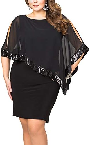 Ancapelion Women Cocktail Dress Sequined Overlay Chiffon Poncho Pencil Party Mini Dresses