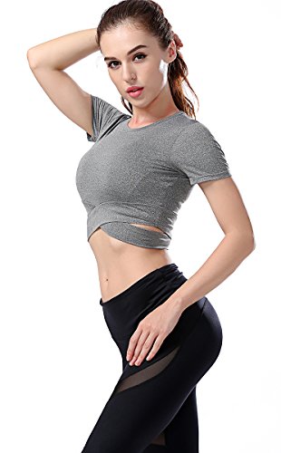 Campeak 2 Pack Women's Yoga Gym Crop Top Compression Workout Athletic Short Sleeve Tank T Shirt (Grey and Black, S = Tab M)