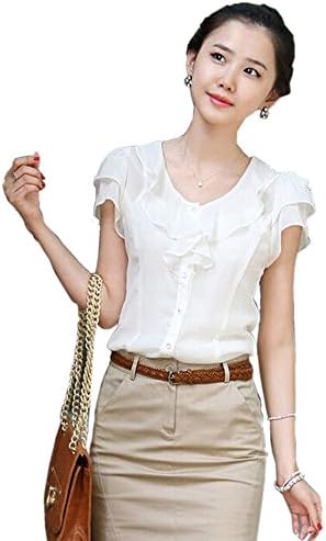 MENO Women's Flouncing Short Sleeve Round Neck Slim Chiffon Top Shirt Blouse (XXL, White)
