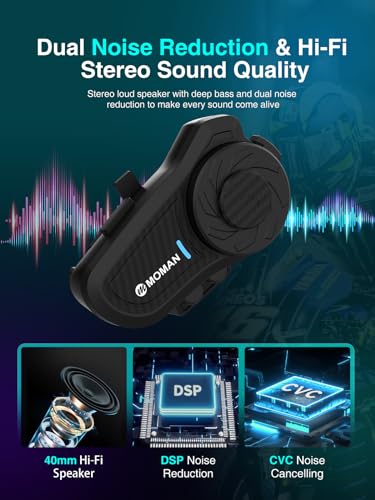 Moman H2Pro Motorcycle Intercom Pair – Universal Connectivity, Motorcycle Helmet Headset 1000M Communication System DSP & CVC Noise Reduction Hi-Fi Stereo Music Sharing FM Voice AI IP65