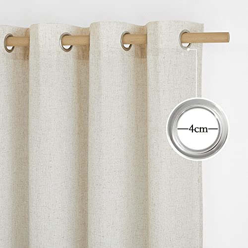 PONY DANCE Living Room Curtains, Linen Boho Eyelet Curtain, Set of 2, H 245 x W 140 cm, Beige, Linen-Look Curtains with Eyelets, Semi-Transparent Linen Curtains for Bedroom