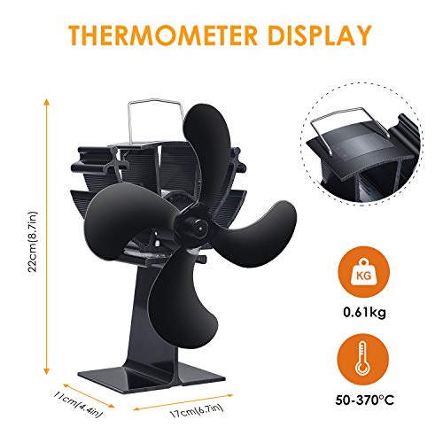 BRAINIAC Wood Stove Fan Heat Powered Stove Fan 4 Blades with Thermometer Fireplace Fan Silent Operation for Wood Stove/Log Burner/Fireplace Increases 90% More Warm air - Eco Friendly and Efficient