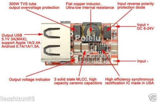 TECNOIOT 5pcs 6-24V 24V 12V to 5V USB Step Down Module DC-DC Converter, Red - Image 3