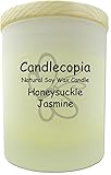 Candlecopia Honeysuckle Jasmine Scented Soy Candle - Bright and lively with just the right amount of softness and warmth - 80+ Hours Burn Time in 14 ounce Frosted Jar with Wooden Lid