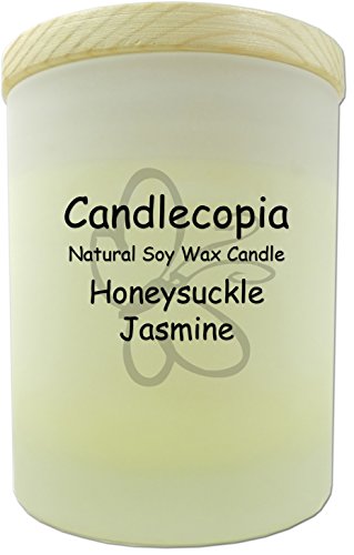 Candlecopia Honeysuckle Jasmine Scented Soy Candle - Bright and lively with just the right amount of softness and warmth - 80+ Hours Burn Time in 14 ounce Frosted Jar with Wooden Lid