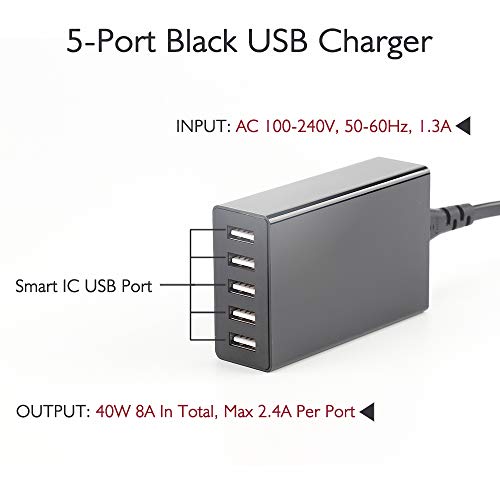 USB Wall Charger, 8A 5 Port USB Charger, Desktop USB Charging Station Compatible with Smart Phone, Tablet, Laptop and Smart Watch