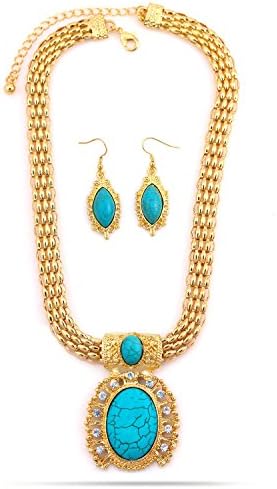 Jewelry11 Gold-Tone Metal Turquoise Earrings And Adjustable Lobster Claw Closures Neckaces Gift for Her