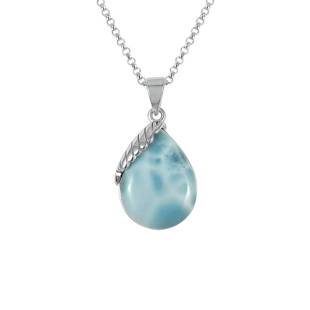 Kiara Jewellery 925 Sterling Silver Elegant Pearshape Pendant Necklace Inlaid With Natural Larimar on 18" Sterling Silver. Rhodium Plated.