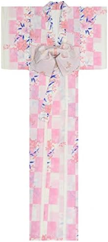 KimonoMode24 Women's Japanese Yukata And Easy Wearing Pink Obi Set/ Cherry Blossom Pattern Free Size White