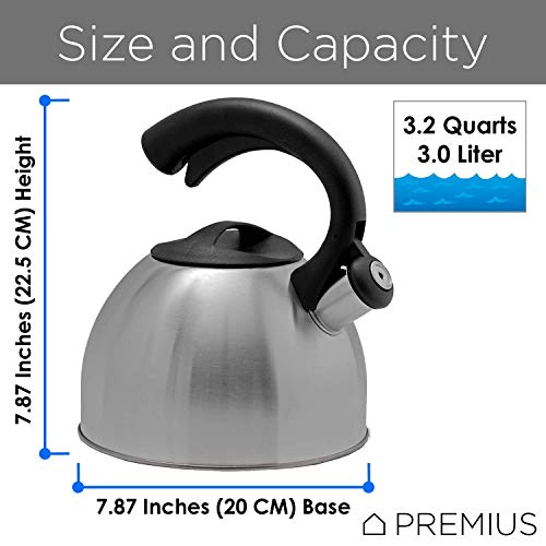 STAINLESS STEEL WHISTLING TEA KETTLE By Premius, Durable Construction And Elegant Design, Cool Touch Grip Handle And Lid, Pleasant Sounding Whistle, Stovetop Teakettle, 3.2 Quarts (Silver)