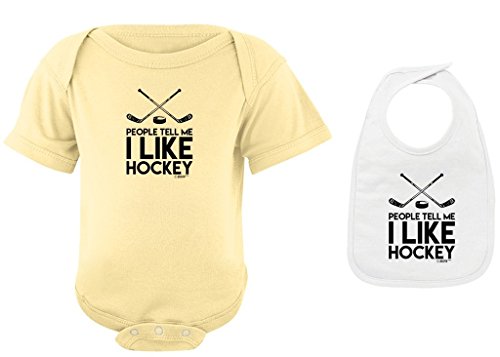 Funny Baby Gifts People Tell Me I Like Hockey Banana Bodysuit and White Bib Bundle 12 Months
