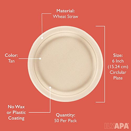 image for Ilyapa 50 Biodegradable Disposable Plates - 6 Inch Compostable & Micro