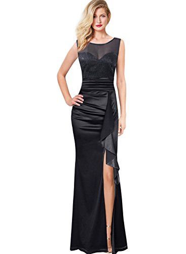 VFSHOW Womens Ruched Ruffles Dobby Fabric Slit Formal Evening Maxi Dress 665 BLK L