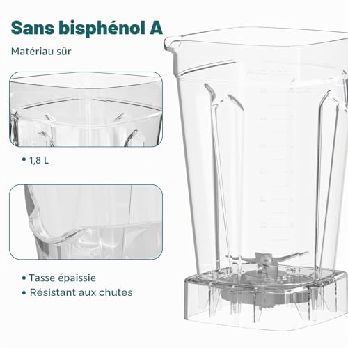 OMMO 1.8L Professional Blender Blender, 1800W Smoothie Blender for Shakes and Smoothies, 1 x 300ml Portable Bottle BPA Free, Pulse Function, Crushed Ice, Dishwasher Safe