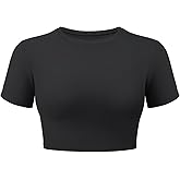 VOYJOY Womens Double Lined Fitted Short Sleeve Crop Tops Crew Neck Casual Workout T Shirts Cute Basic Tee