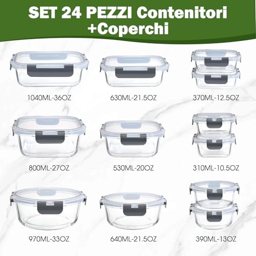 YASHE Set of 12 Glass Food Containers with Airtight Lids - BPA Free, Microwave, Oven, Fridge and Freezer Safe - Ideal for Storage, Meal Prep and Kitchen Organization