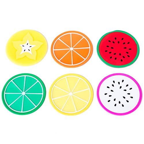 6 Pack Colorful Fruit Slices Silicone Beverage Coasters Drinks Coffee Tea Tabletop Protection Wood Granite Glass Marble Table Lemon Lime Orange Watermelon Dragonfruit Star Fruit 3.5 Inch