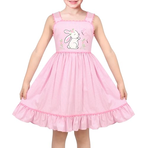 Sunny Fashion Girls Dress Pink Easter Bunny Striped Ruffle Hem Scalloped Trim Butterfly Floral Cotton Size 4 at Amazon