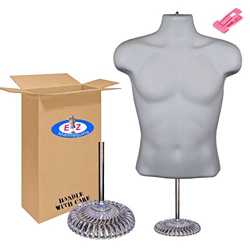 Male Mannequin Torso, Dress Form Hollow Back Body or Tshirt Display, w/Economic Plastic Stand for Counter or Hanging by EZ-Mannequins Temporal Photos or Design, Easy to Assemble and Store, S-M Sizes.