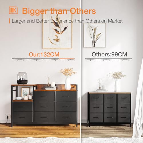 ODK Chest of Drawers Bedroom, Contains 2 USB & 2 AC Ports Sockets, Storage Dresser with 8 Fabric Drawers Suitable for Bedrooms, Living Rooms, Retro Color