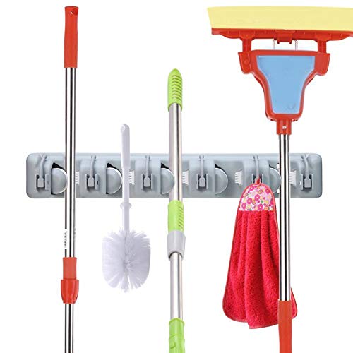 LUVODI Mop and Broom Holder Multifunctional Wall Mounted Organizer Storage Rack 5 Positions with 6 Hooks Rake Towel Hanger Holds Up to 11 Tools for Garden Kitchen Laundry Offices Garage