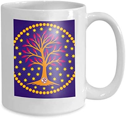 VTYOSQ Mug Coffee Tea Cup Tree Life aum om ohm Sign Center Mandala Background Stars Blue Sky Symbol Graphics Logo Drawing 110z