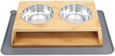 Bubinga Elevated Bamboo Pet Feeder Double Bowl Raised Stand Comes with 2 Stainless Steel Bowls and Pet food mat for Dogs and Cats(4'' tall)