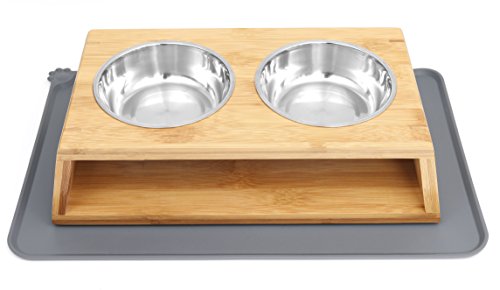Bubinga Elevated Bamboo Pet Feeder Double Bowl Raised Stand Comes with 2 Stainless Steel Bowls and Pet food mat for Dogs and Cats(4'' tall)