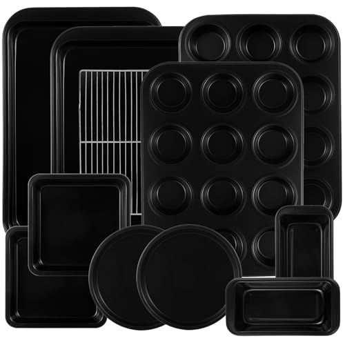 11-Piece Nonstick Baking Pans Set - Professional Grade Carbon Steel Bakeware with Premium Coating- Dishwasher Safe, Stackable, Oven Safe to 450°F (Black)