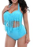 American Trends Women's Vintage Plus Size High Waist Fringe Bikini Retro Swimwear G-Sky Blue US Size 12-14(Size XL)