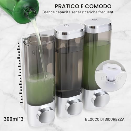 Soap Dispenser Set of 3 - Wall Mounted - No Drilling - Even Liquid Distribution - Anti-Leak - Suitable for Shampoo, Shower Gel, Liquid Soap, Conditioner, Silver