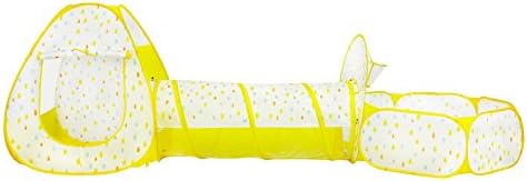 WERSHOW Pop Up RainDrop Dot Kids Play Tent with Tunnel and Ball Pit with Zippered Storage Bag,Indoor Outdoor Play Tunnel&amp;Tent 3pcs Outdoor Gamehouse Fold Ocean Ball Pool with Basketball Hoop(Yellow)