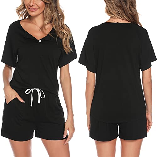 Women\'s Sweatsuit Sets Casual Short Sleeve Button Top and Shorts Set Summer Loose Two Piece Outfits with Pockets