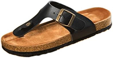 Cayuan Womens Lady Toe Post Flip Flops Cork Sliders Sandals PU Strap Flat Shoes Flip Flop with Metallic Buckle Summer