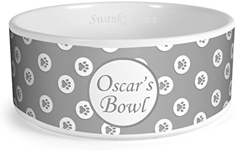 Swanky Paws Personalised Paw Pattern Custom Design Dog Bowl Cat Pet Food Dinner Dish (Large, Grey)