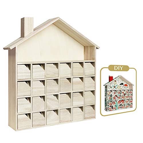 Sunlit Classical Wooden Christmas Advent Calendar with 24 Drawers House Shaped Unfinished Wooden Countdown Calendar Ready to Decorate and Personalize | DIY Guru and Crafter | Unique Holiday Decoration