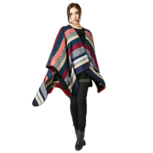 Jelinda Women Blanket Shawl Wrap Poncho Cape Winter Large Warm Striped Scarf (one size, red)