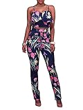 YouSun Women's Floral Print Sleeveless Strap Top Casual Bodycon Stretch High Waist Long Pants 2 Pieces Jumpsuit,blue,large