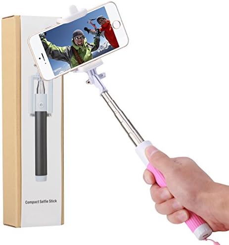 Selfie Stick, nilogie® Plug-N-Snap NIL-303 Pocket Size Self Portrait Extendable Handheld Monopod Stick with Adjustable Phone Holder with Built-in Remote Shutter - Charge Free - Designed for Apple iPhone and Android Smartphones - Pink